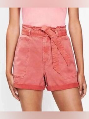 LOFT Coral Red High-Waist Paperbag Belted Shorts